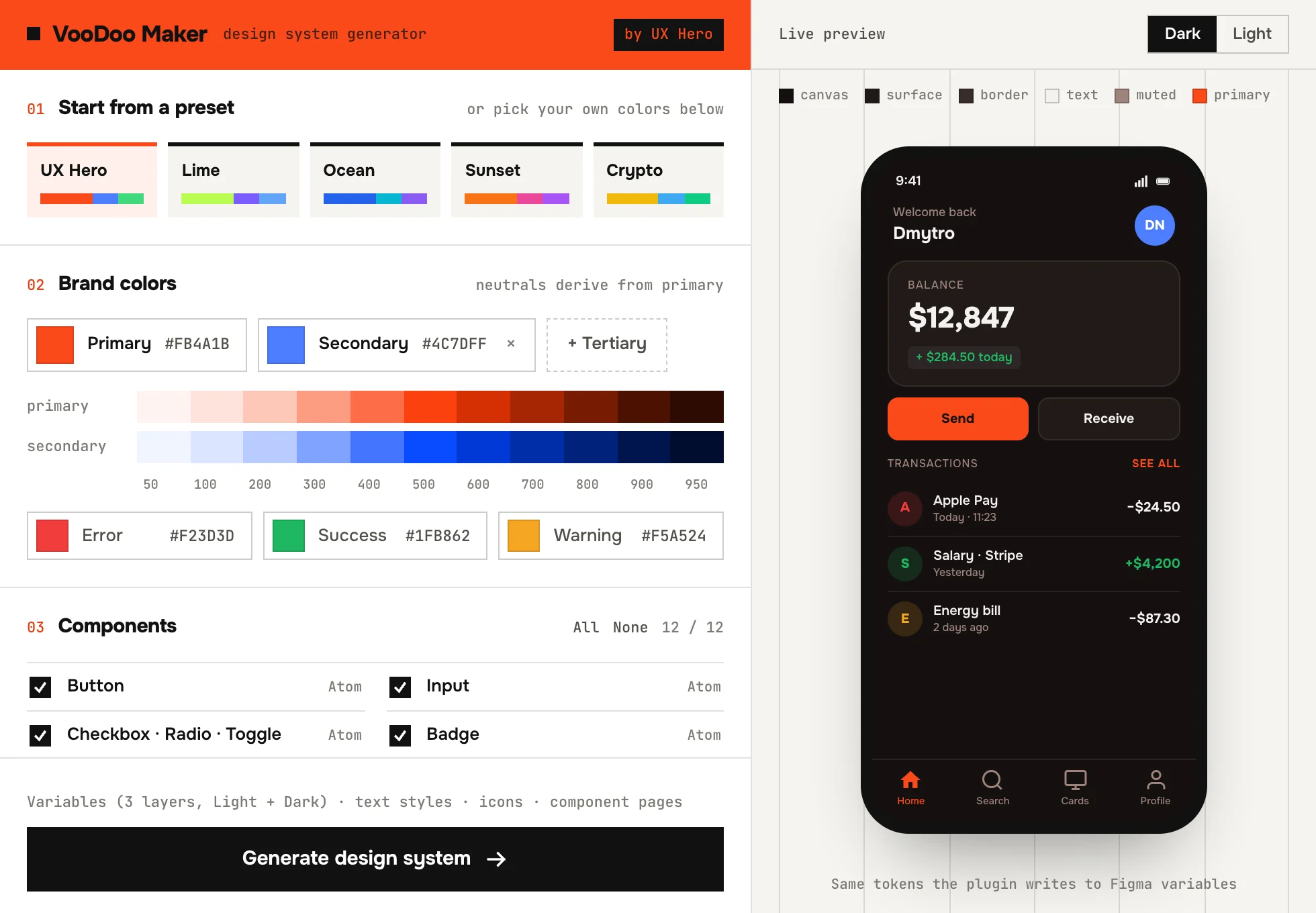 VooDoo Maker plugin: presets, brand colors with 50 to 950 ramps, component list and a live phone preview in dark mode